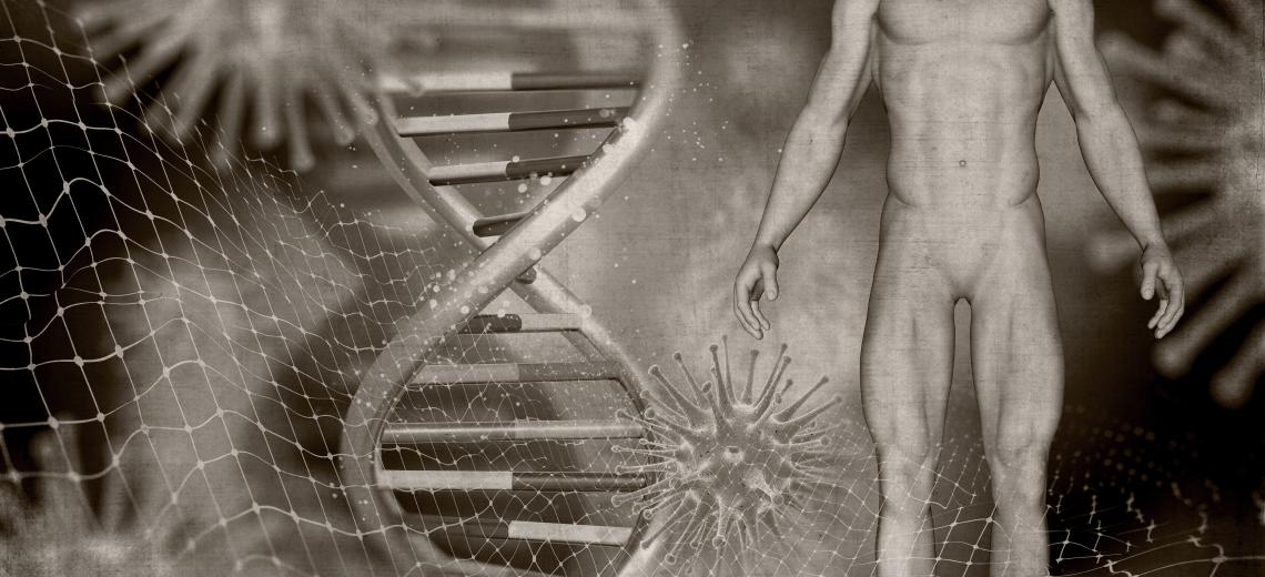 3D grunge style medical image with male figure, DNA strands and virus cells © magnifik