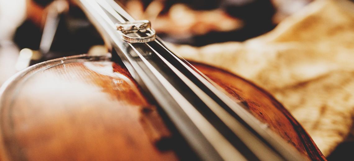 Delicate weding rings lie on the strings 