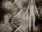 3D grunge style medical image with male figure, DNA strands and virus cells © magnifik