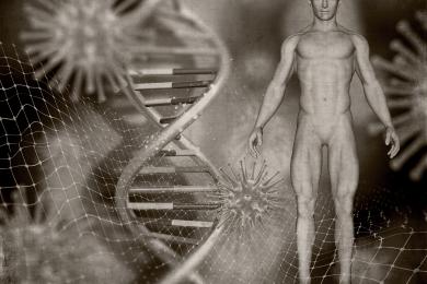 3D grunge style medical image with male figure, DNA strands and virus cells © magnifik