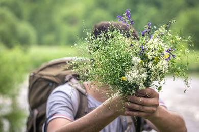 Close-up of a bouquet of wildflowers in the hands of a male traveler. © freepik