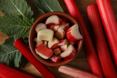 Chopped stalks of rhubarb in a bowl close-up